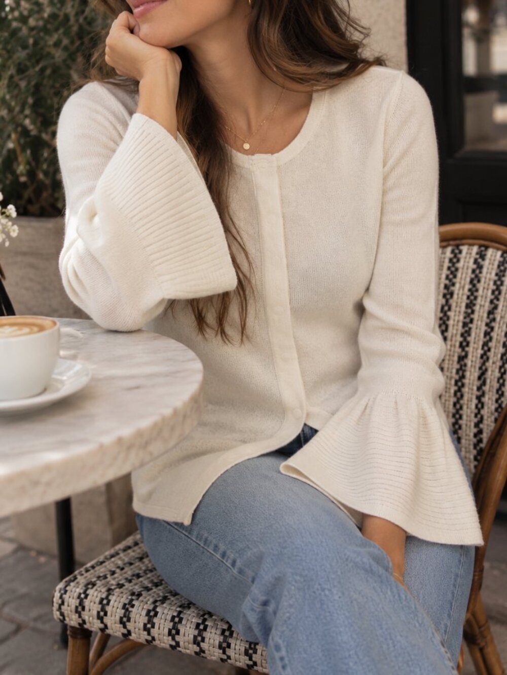 Per Se By Carlisle 100% Silk Cream Cardigan Sweater with Flared Sleeves MEDIUM